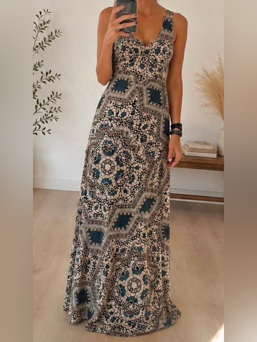 Maeve Teal and Black Geometric Print maxi dress
